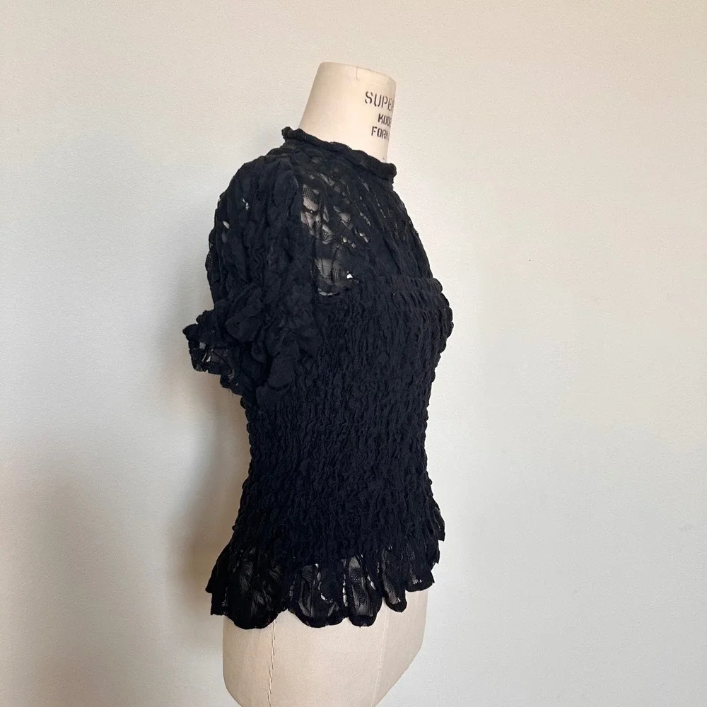 Free People Black Lace Smocked Mock Neck Top Short Puff Sleeve Size Small